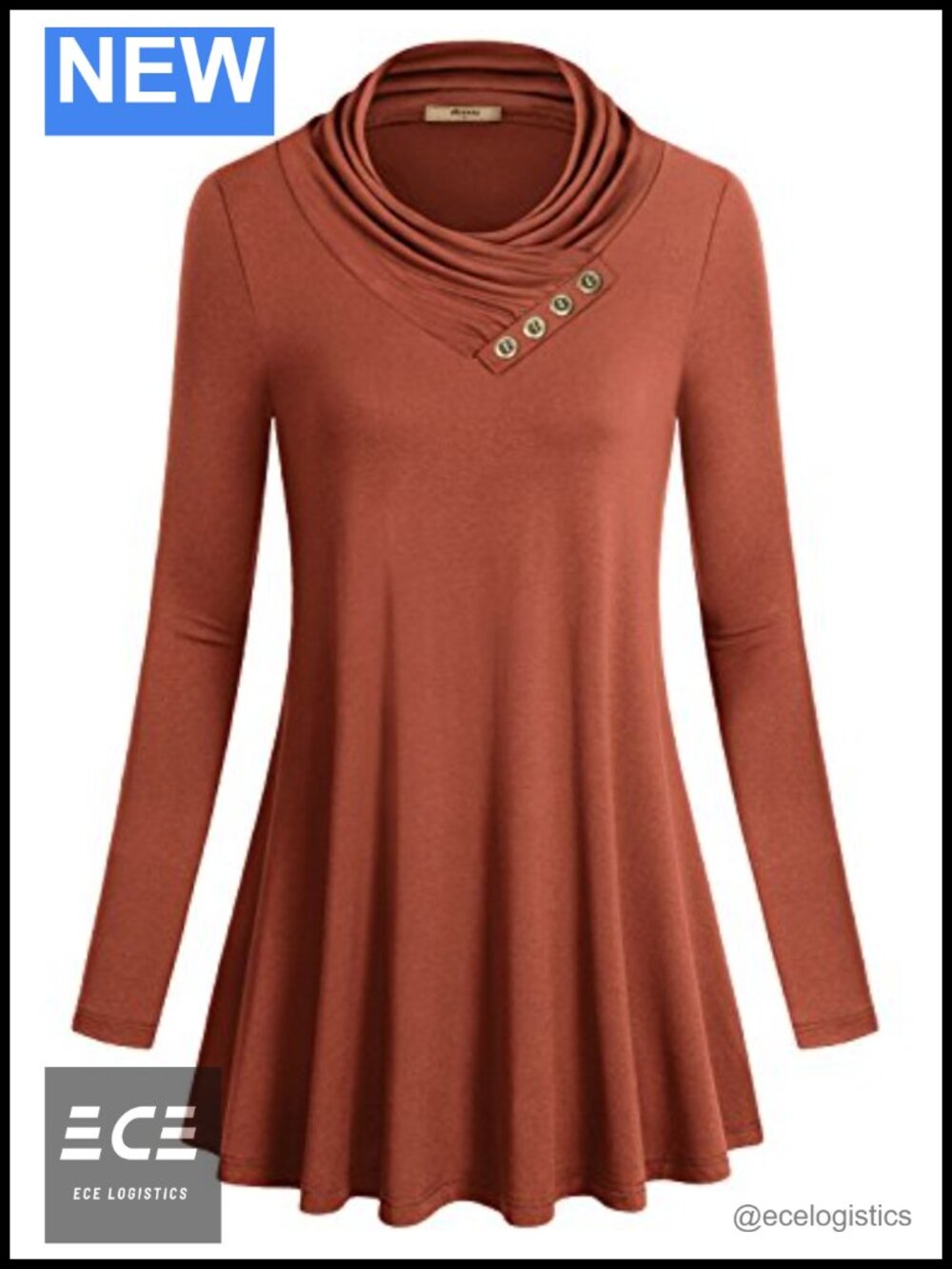 Miusey Women's Long Sleeve Cowl Neck Form Fitting Casual Tunic Top Blouse